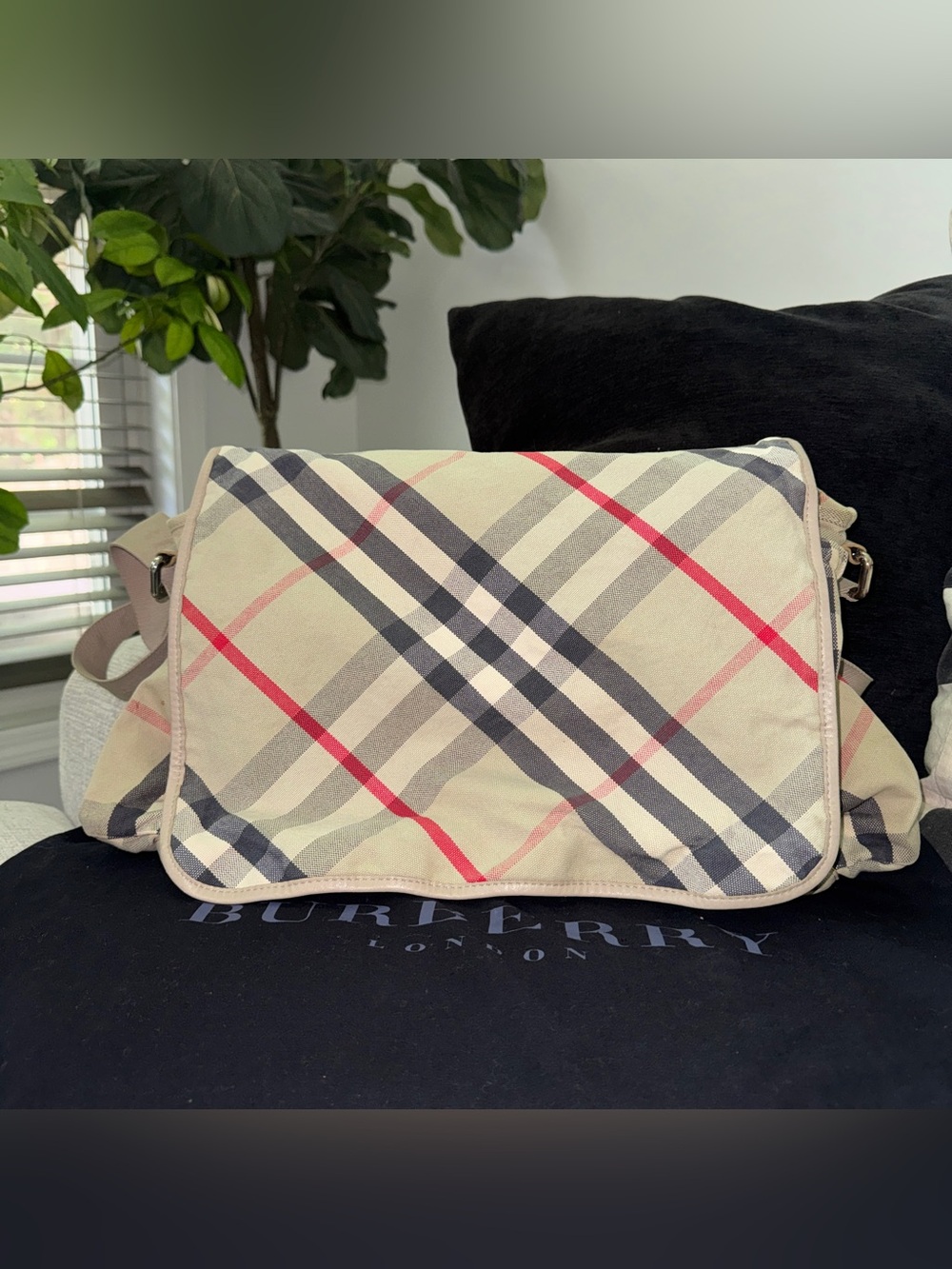 Burberry Beige Check Canvas Baby Bag with Red Accents